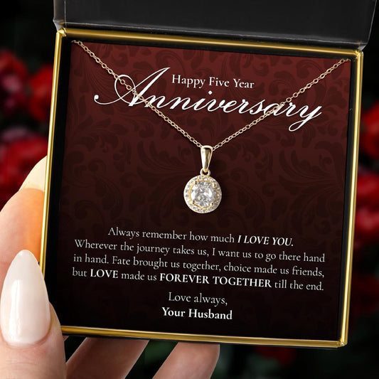 Happy Five Year Anniversary - Classique Sterling Silver Halo Pendant Necklace Gift Set