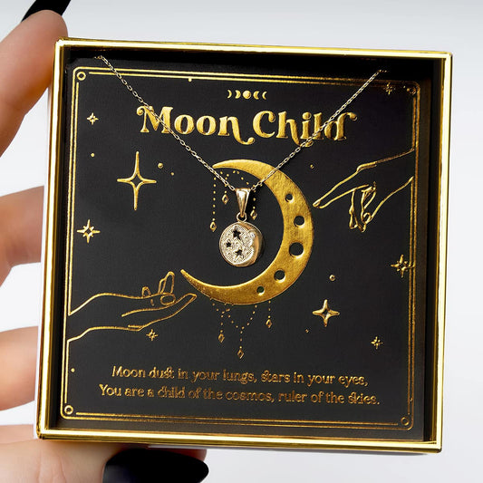 Moon Child - Solid Gold Moon and Stars Necklace Gift Set