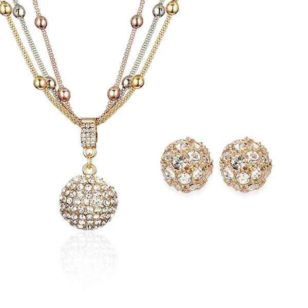 Gold Ball Necklace with Rhinestone Pendant & Happiness Earrings