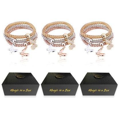 Magic in a Box - 3 Solid Butterfly Charm Bracelets Gift Sets