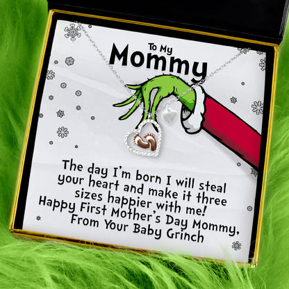 To My Mommy, First Mother’s Day (Baby Grinch) - Baby Feet Heart Necklace Gift Set
